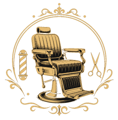 Ilustración de estilo vintage con contornos dorados de un sillón de barbero clásico, flanqueado por dos manos que sostienen unas tijeras y una navaja de afeitar, todo ello rodeado por una corona de ramas de laurel.