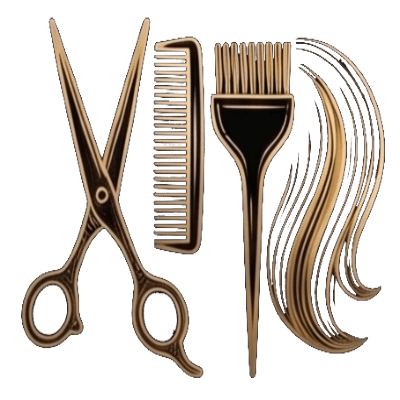 Tijeras, peine, brocha de tinte y mechón de cabello estilizados con contornos dorados.